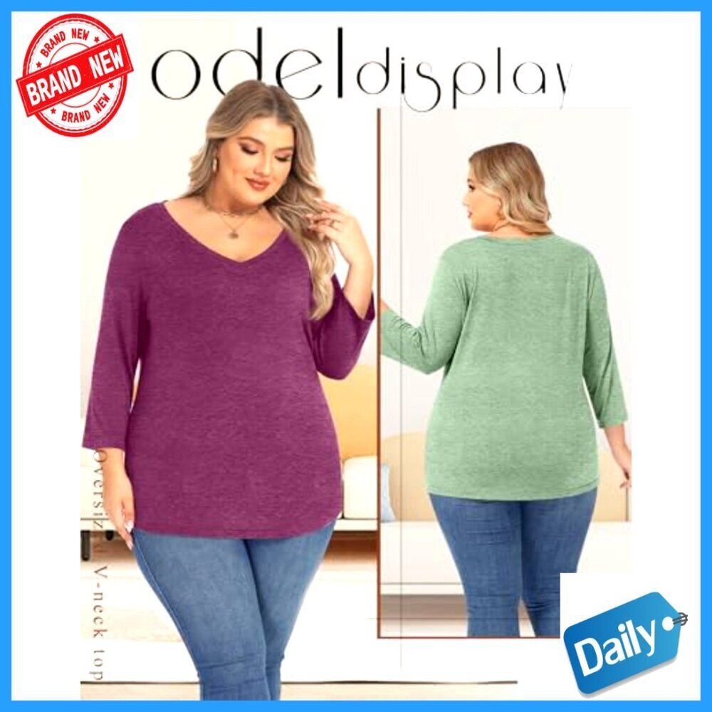 Plus Size 3/4 Sleeve V-Neck Cotton Tops 3-Pack Loose Fit Tees - Picture 3 of 7